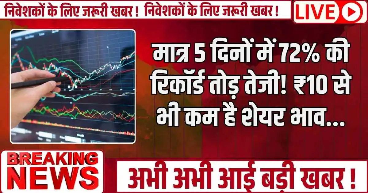 Penny Stock : मात्र 5 दिनों में 72% की रिकॉर्ड तोड़ तेजी! ₹10 से भी कम है शेयर भाव...
